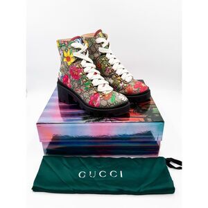 Gucci GG Monogram Supreme Floral Lace Up Combat Boot EU 39 US 9